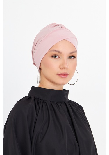 Pudra Pratik Hazır Geçmeli Tesettür Bone Sandy Kumaş Çapraz Büzgü Pudra