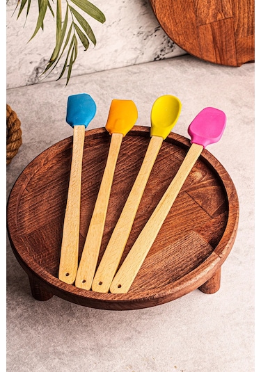 4'lü Yanmaz Yapışmaz Renkli Silikon Başlıklı Ahşap Spatula Seti Çok Renkli