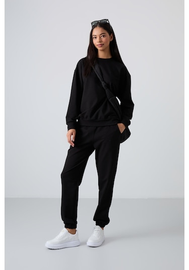 Tommy Life Siyah Basic Pamuklu O Yaka Oversize Lastik Paça Kadın Eşofman Takım - 95287 Siyah