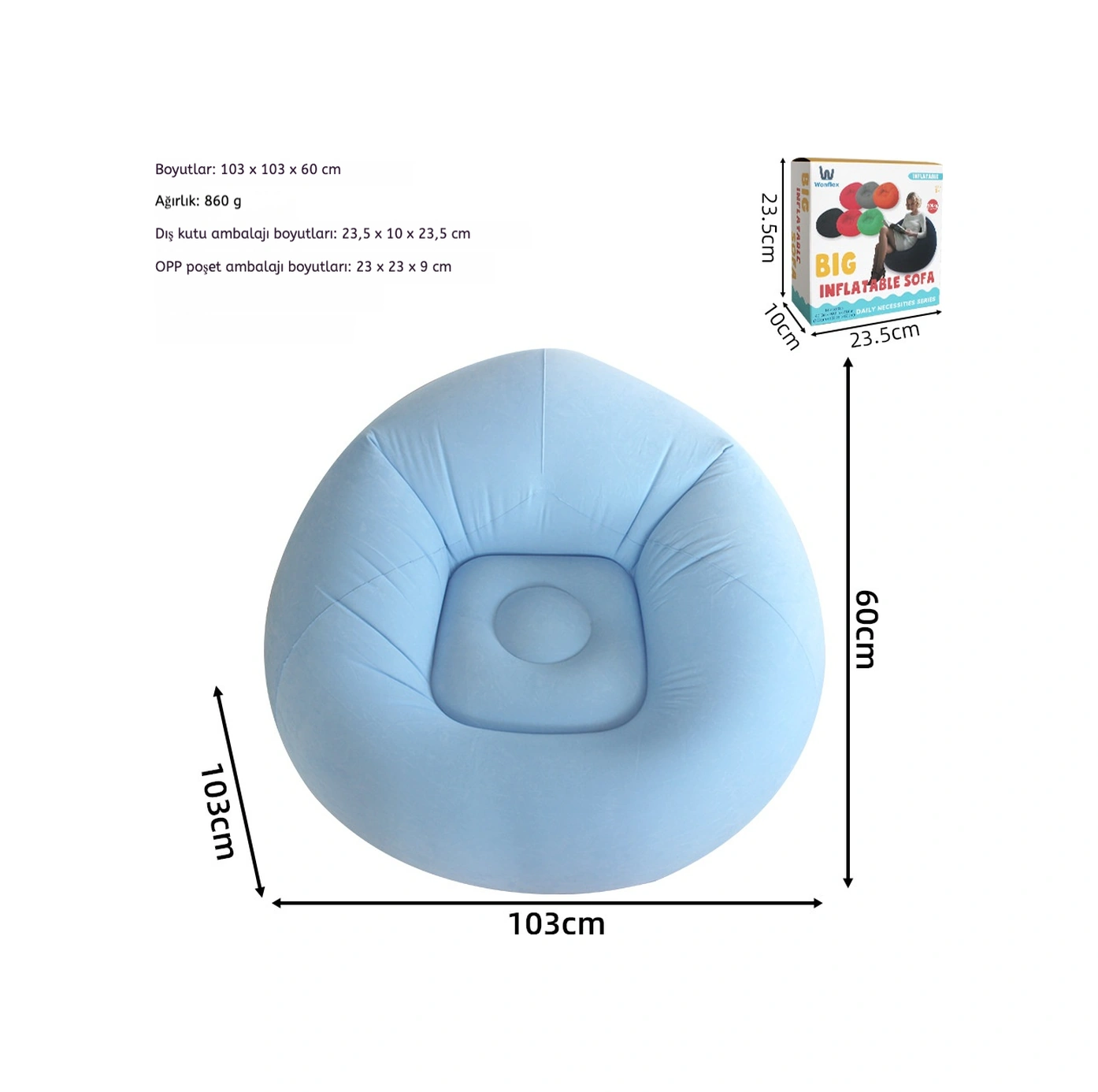 Snapbuy Kadife Kaplamalı Tek Kişilik Şişme Koltuk Açık Mavi