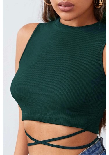 İmoda Kadın Yeşil Çapraz Bağlamalı Crop Top Büstiyer Çok Renkli