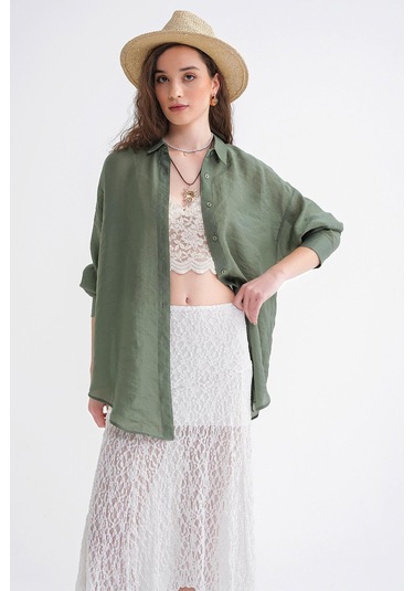 4667 Kadın İnce Oversize Modal Gömlek Haki Haki