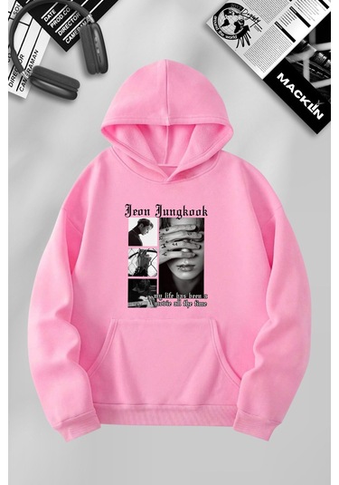 Unisex Kadın Erkek Jeon Jungkook Bts Özel Tasarım Baskılı Kapşonlu Sweatshirt Pembe Mck1099 Pembe