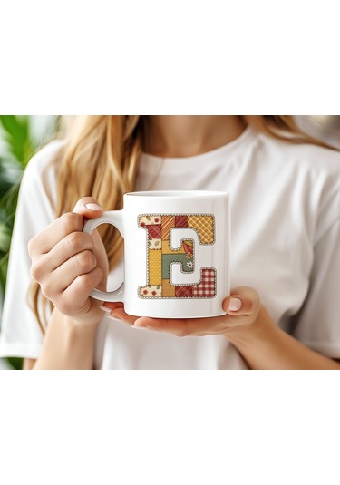 E Harfi Sonbahar Kış Temalı Yamalı Tasarım Kupa Bardak - Etnik Ve Pathwork Severlere Özel Hediye Beyaz