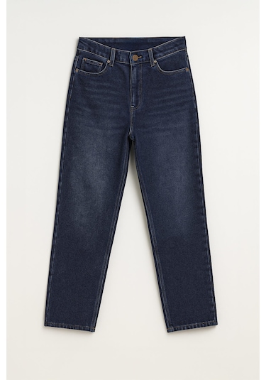 Kadın Yüksek Bel Mom Fit İndigo Jean Pantolon