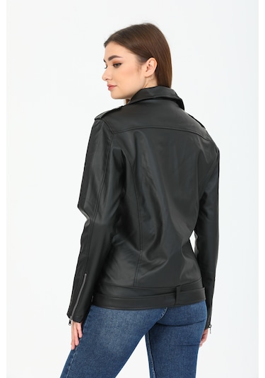 Kadın Siyah Oversize içi Kürklü Kemerli Biker Deri Ceket Siyah