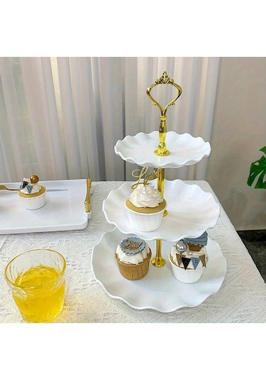 Dashanshop Ruffle Siyah Tek Parça 3 Katlı Porselen Kek Standı Kaymaz Tabanlı Dantel Desenli