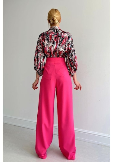 Beli Lastikli Saten Gömlek - Fuşya Karışık Çok Renkli