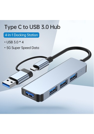 Samdoo Type-c Ve Usb Girişli 4 Portlu Usb 3.0 Hub, 5gbps Hızlı Veri Transferi, Alüminyum-abs Kabuk, Gri Renk