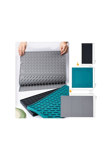 Sones 62 X 40 Cm Üç Katlı Silikon Drenaj Pedi Kase Ve Bulaşık Kurutma Matı Mutfak Tezgahı İçin Siyah