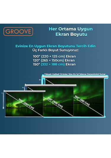 Groove Vizio Pro 150 Inch Blackout Işık Geçirmez Elektrikli Otomatik Kumandalı Projeksiyon Perdesi 332x188cm +motorlu+canlı Renkler+göz Koruması+leke Tutmaz Projector