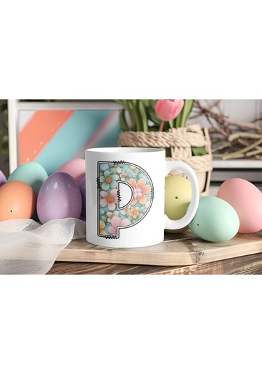 P Harfli Pastel Çiçek Desenli Kahve Kupası - Kişiye Özel Çiçekler Koleksiyonu Bardak - Hediye Beyaz