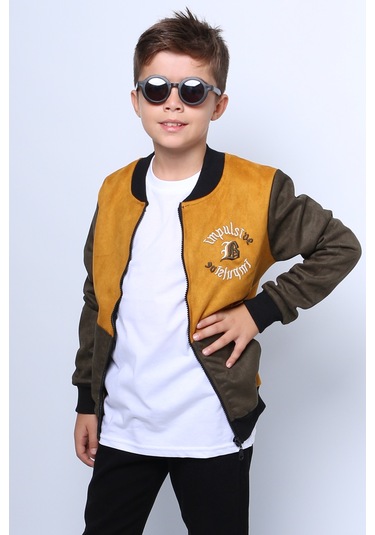 Erkek Çocuk Kolej Ceket Fermuarlı Baskılı Cepli C32 Hardal