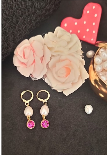 24k Altın Kaplama Gerçek İnci Zirkon Taşlı Pembe Tasarım Küpe Pem Gold