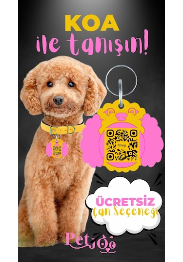 Petjoo 14.Koa Pembe-Sarı Qr'lı Köpek Künyesi