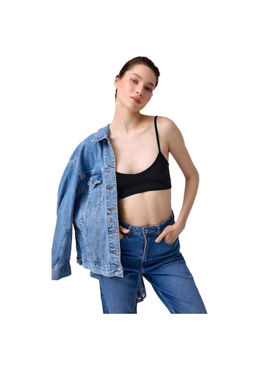 Cottonhill Premium - Kadın Siyah Seamless İp Askılı Crop Top Büstiyer Siyah