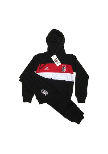 5-16 Yaş Arası Penye Kumaş Kapüşonlu Spor Eşofman Takım Siyah - Beyaz