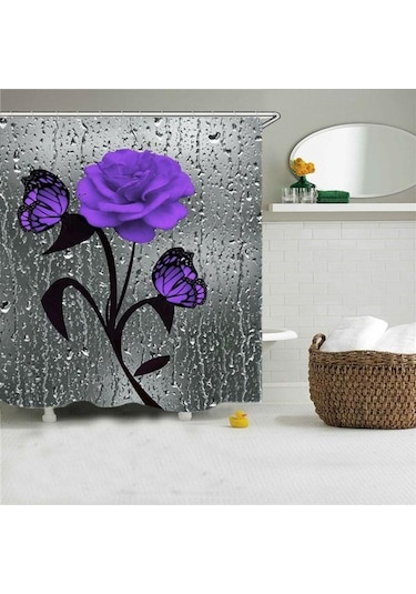 Mor Çiçek Açan Çiçekler Gül Kelebek Duş Perdesi Seti Su Geçirmez Banyo Klozet Kapağı Banyo Kaymaz Mat Halı Halı Banyo Dekor 4 A Mor