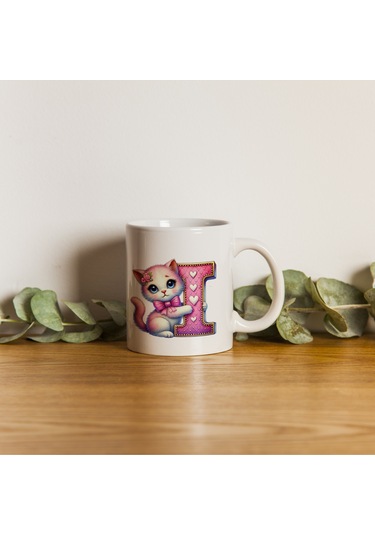 I Harfli Bardak, Sevimli Kedili Pembe Tasarım Bardak, Arkadaşa Aileye Hediye Porselen Beyaz
