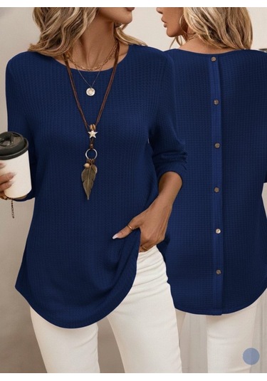 Tua Moda Kadın Uzun Kollu Yuvarlak Yaka Arkadan Düğmeli Waffle Bluz Lacivert