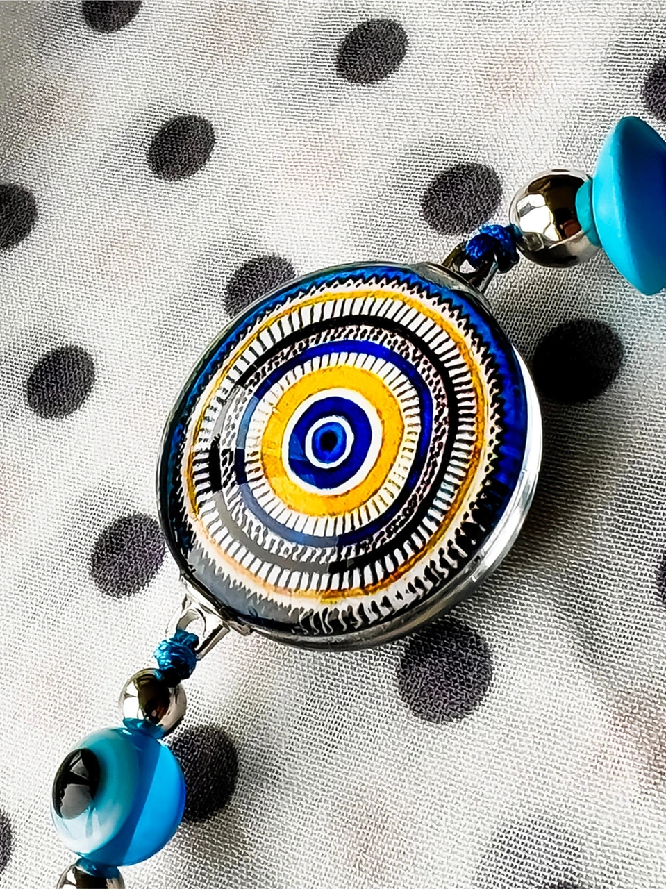 Desenli Cam Boncuklu Mavi Püsküllü Anahtarlık