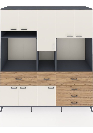 Kronos Dolap 10 Raflı 6 Çekmeceli 8 Kapaklı 220x59x243 Antrasit-aytaşı/çam Aytası/atlas Çam