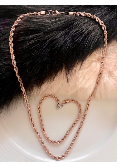 Unisex Rosegold Kalın 3mm Burgu Çelik Kolye Ve Bileklik Set Rose Gold