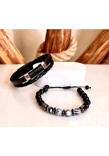 %100 Deri&hematit 3lü Erkek Bileklik Set 22 Cm Türk El Yapımı