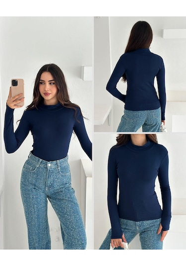 Kadın Yarım Balıkçı Yaka Parmak Geçmeli Full Likralı Buzz Body Lacivert