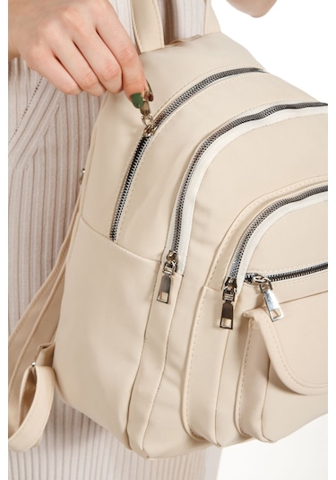 Kadın Günlük Çok Bölmeli Sırt Çantası Krem