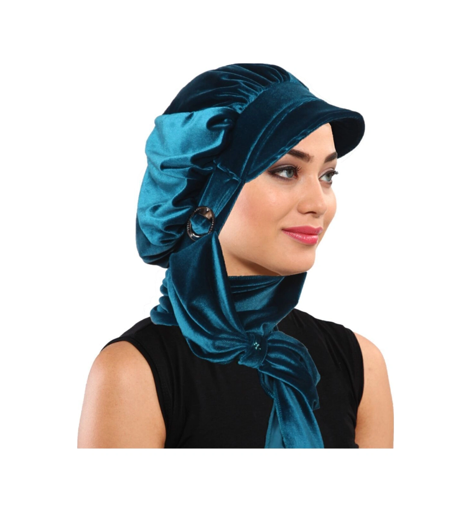 Kadife Şapka Atkılı Toka Detaylı Petrol Hazır Türban Tesettür Bone Petrol