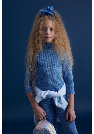 Luess Kız Çocuk Fitilli Esnek Kumaş Balıkcı Yaka Bluz Tayt Takım-Mavi