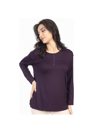 Yeni Sezon 2024 Sade Desen Yuvarlak Yaka Likralı Anne Penye Bluz 6484-mürdüm Mürdüm