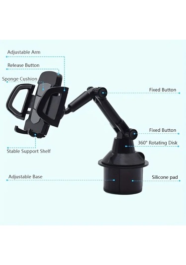 Araç İçi Bardaklıktan Monte Telefon Tutucu Siyah Telefonluk