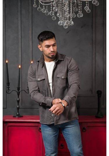 Advante Regular Fit Likralı Çift Cepli Pamuklu Astarsız Süet Gömlek Antrasit