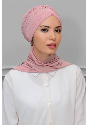 Pudra Pratik Hazır Geçmeli Tesettür Bone Sandy Kumaş Taçlı Büzgül (545490987) Pudra