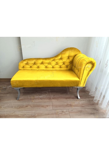 Ters Kol Dekoratif Bihter Koltuk Josefin Puf 130 Cm Gümüş Ayak Sarı