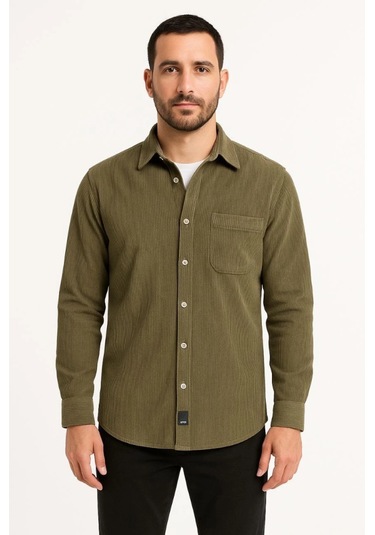 Erkek Fitilli Kadife Cepli Gömlek Oversize Rahat Kalıp - Haki Haki