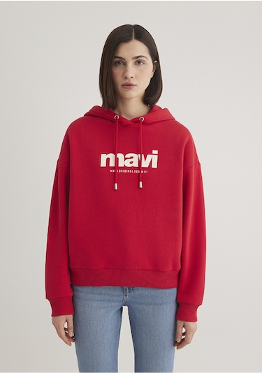 Mavi - Mavi Logo Baskılı Kapüşonlu Kırmızı Sweatshirt 168334-35476 Kırmızı