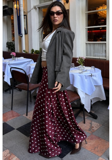 Madmext Bordo Puantiyeli Maxi Kadın Saten Etek Mg2725