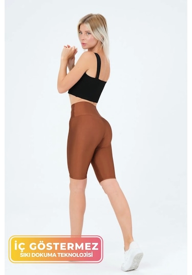 Enenstyle Fashıon Boutıque Yeni Sezon Özel Üretim Toparlayıcı Yüksek Bel Parlak Kumaş Iç Göstermeyen Dizüstü Spor Tayt Kahve