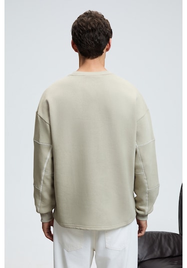 HAL Erkek Yuvarlak Yaka Önünde Ve Kollarında Süs Dikiş Detaylı Baskılı Regular Fit Taş Rengi Sweatsh