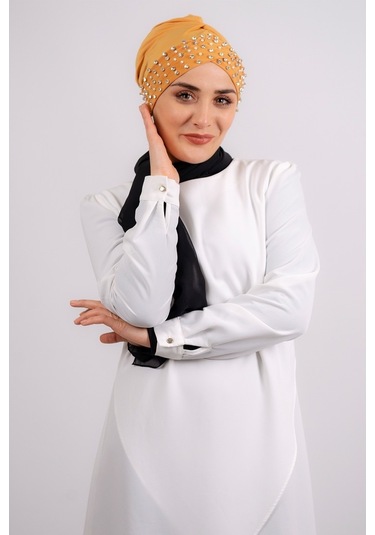 Gold Pratik Hazır Geçmeli Tesettür Bone Sandy Kumaş Taşlı 1456_03 Altın