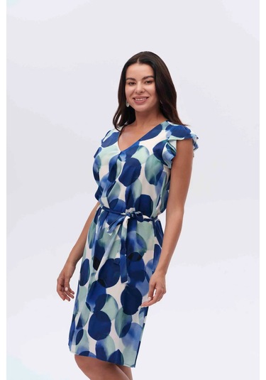 Desenli Fiyonk Bağlamalı Elbise Cnl Çok Renkli