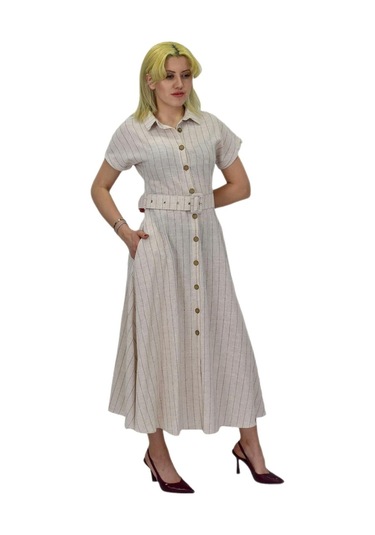 Kadın Keten Kısa Kol Elbise Bgl-st03722 001