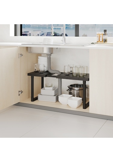 Ayarlanabilir Dolap Lavabo Altı Düzenleyici Raf Siyah