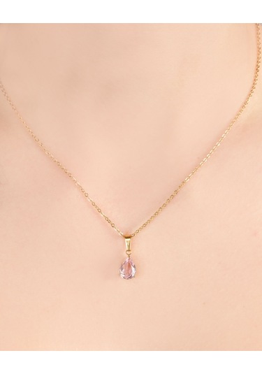 Lekka Design Kadın Kararmaz Çelik Takı Pembe Damla Zirkon Taşlı Şık Kolye Altın