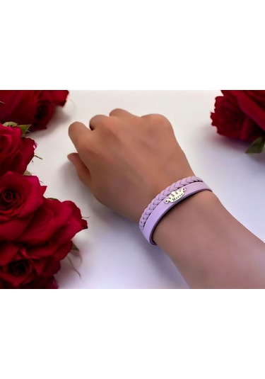 Archin Merve İsmine Özel Taç Figürlü 14 Ayar Altın Plakalı Doğal Mor Derili Hediye Bileklik-637isim Merve