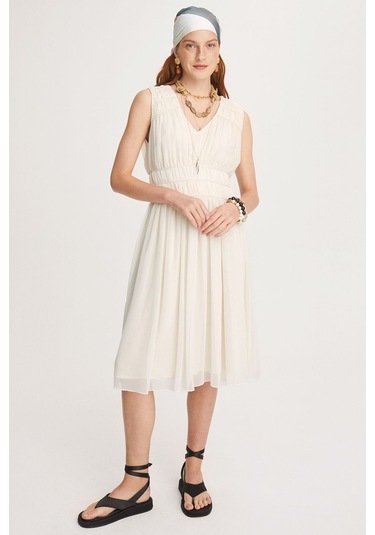 Perspective V Yaka Midi Şifon Elbise - Minimalist Yazlık Elbise Ekru