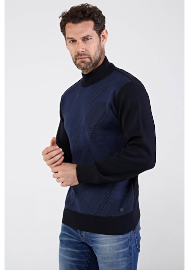 Çizgi Triko Erkek Çelik Örgü Yarım Balıkçı Triko Kazak 4609B Laci Lacivert